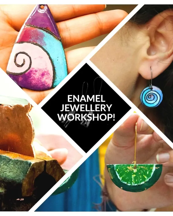 A collage showcasing the beautiful and unique pieces you can create in our Enamel Jewellery Workshop, from pendants to earrings.