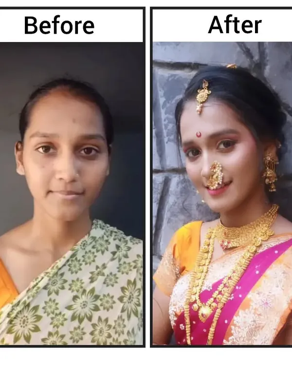 A stunning Maharashtrian bridal transformation by one of my students. Notice the clean base work and how the makeup enhances her natural features.