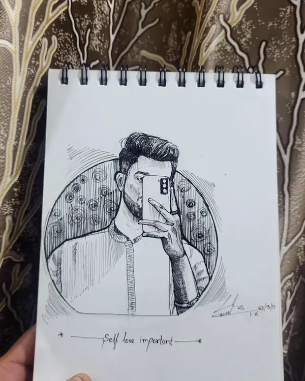 A self portrait sketch in my notebook with the note "Self love important". Art is a form of therapy for me, and sometimes a quick ink drawing is all I need.