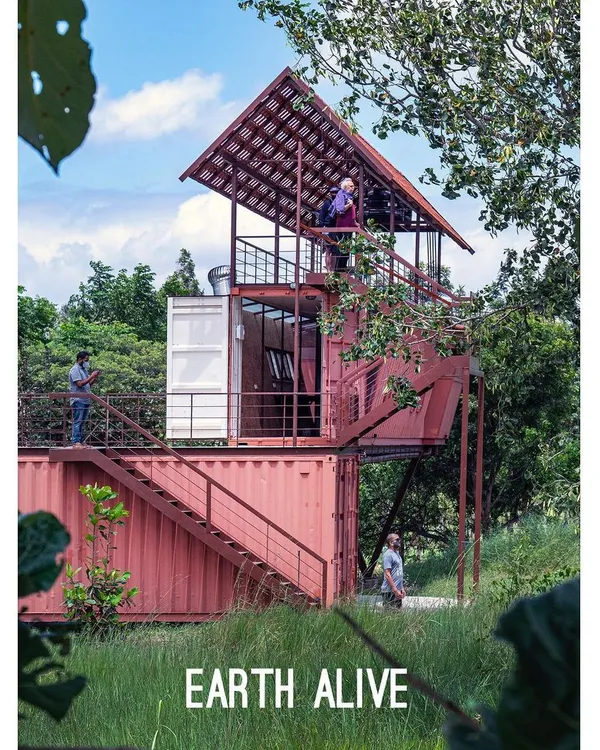 A closer look at the repurposed shipping container tower at our Earth Alive project. This structure demonstrates how industrial materials can be transformed into functional and playful architecture, creating a vertical viewpoint to observe the surrounding rewilded habitat.