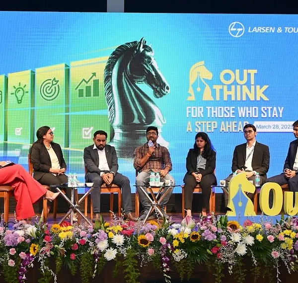 As a moderator, my job is to facilitate a lively and informative discussion. Here, I'm guiding the panel on career opportunities at the Larsen & Toubro 'OutThink 2025' event, ensuring we cover key topics for aspiring professionals.