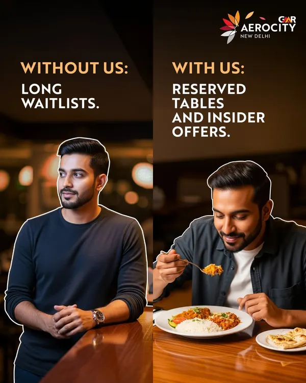 Without me, you face long waitlists. With me, you get reserved tables and insider offers. This image clearly communicates the exclusive benefits and VIP treatment you receive here.