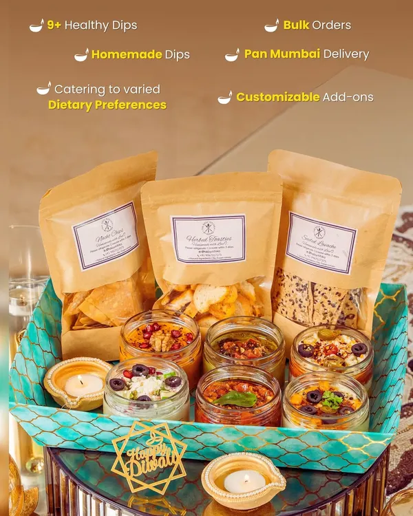 This is Diwali gifting, reimagined. Our premium hamper is packed with over nine healthy, homemade dips, customisable add-ons, and crackers, all delivered across Mumbai. Perfect for bulk and corporate orders.