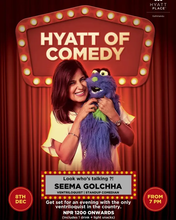 The poster for my "Hyatt of Comedy" show in Kathmandu. This event was a solo stand-up and ventriloquism night at a premier venue.