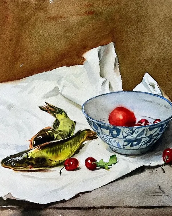 A watercolor demonstration from my one-month course. This still life balances the textures of fish, cherries, porcelain, and paper, teaching students how to render different surfaces.