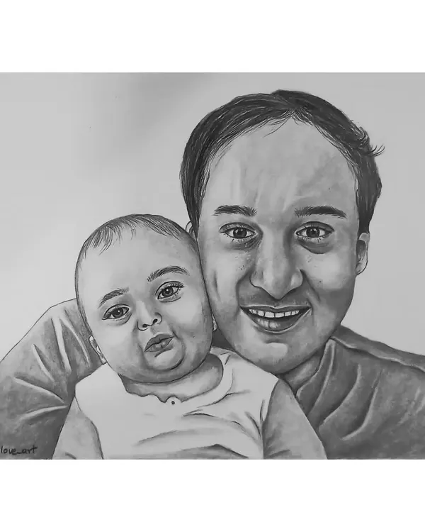 A heartwarming A4 pencil sketch of a father and his baby. This portrait is a perfect Father's Day gift or a way to cherish a precious family moment forever.