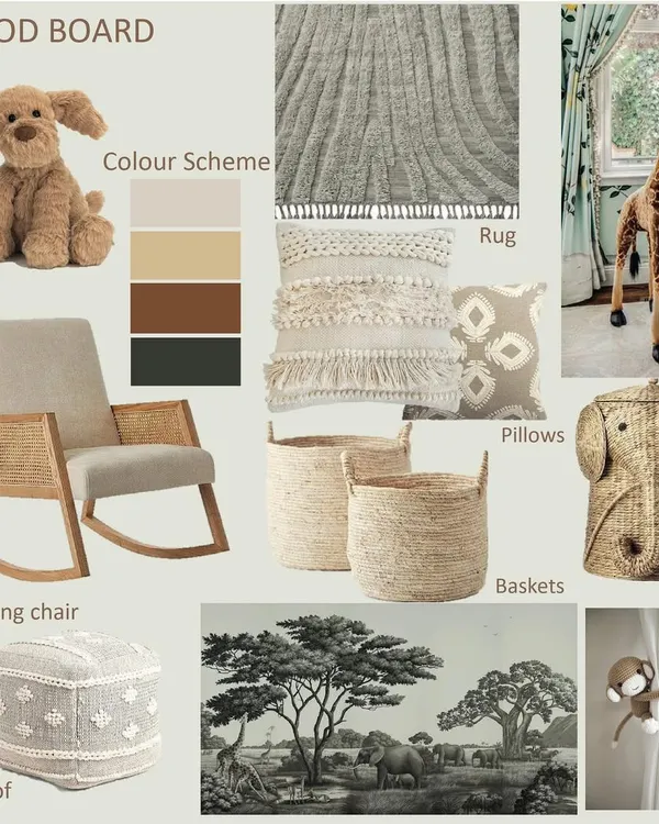 This is the mood board I created for the safari-themed nursery. It helps to visualize how the colors, textures, furniture, and decor will all come together to create a cohesive and beautiful space.