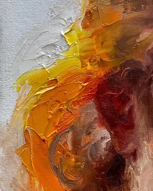 A macro detail of the thick, textured oil paint from my "WARM" series. You can see how the colors are layered and blended directly on the linen canvas with a palette knife to create a sense of warmth and light.