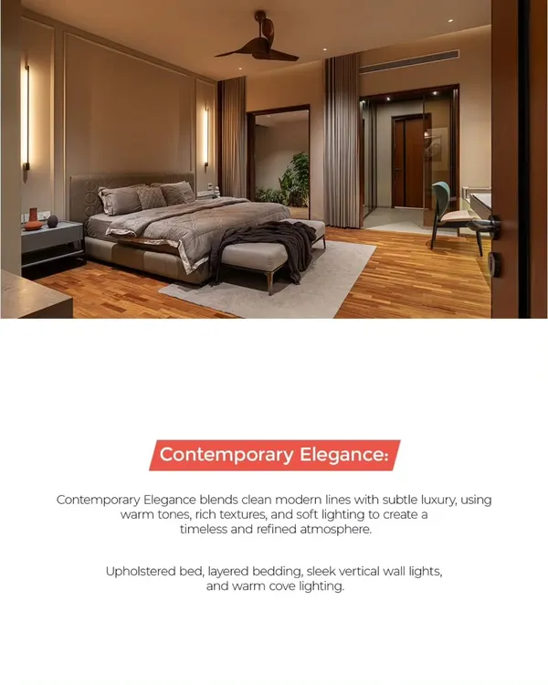 We believe in creating spaces that feel timeless. This example of Contemporary Elegance uses warm tones, rich textures, and soft, layered lighting to create a bedroom that is both modern and incredibly inviting.