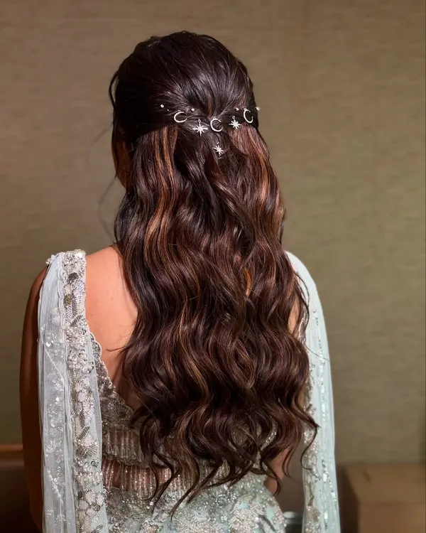 A closer look at the celestial-themed hairstyle. The delicate moon and star pins are scattered artfully to create a magical, starry-night effect in her hair.