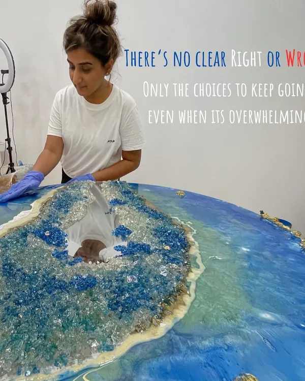 This large, ocean-inspired geode table is a perfect example of how I build my pieces layer by layer. There's no clear right or wrong in art, only the choice to keep going. This piece required patience and trust in the process to achieve the final stunning result.