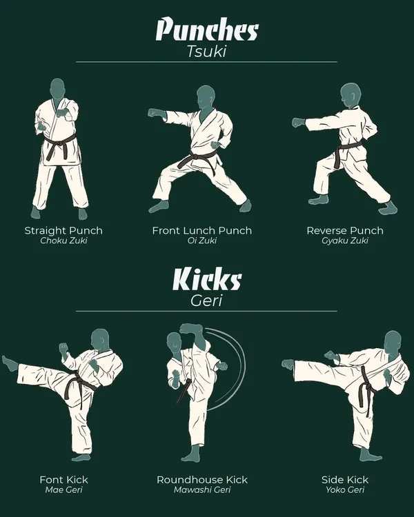 This chart shows the basic punches (Tsuki) and kicks (Geri) that form the foundation of our striking techniques. We practice these every day.