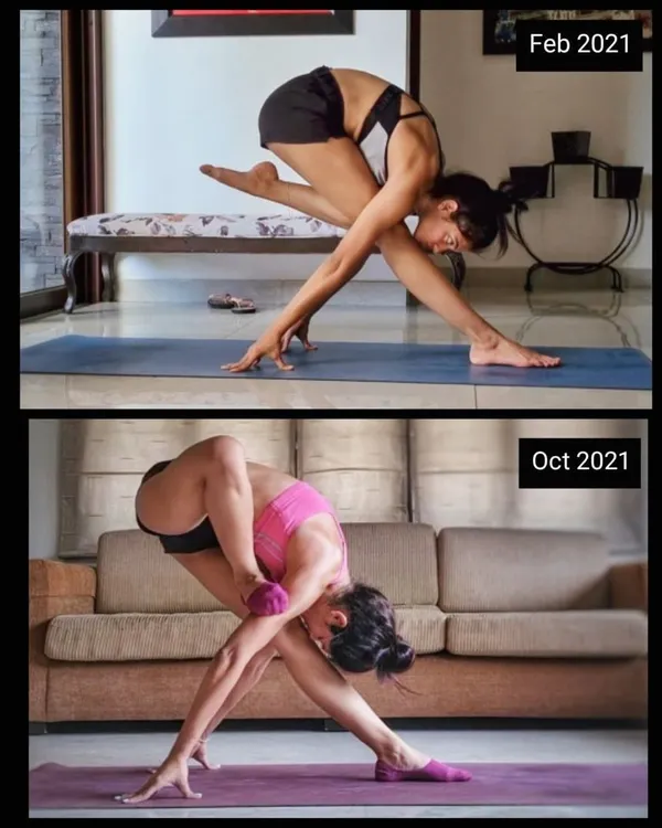 This before and after of Fallen Flamingo pose shows the progress in my hip mobility from February to October 2021. My hips were once my tightest area, proving that diligent, conscious practice can create incredible openings.