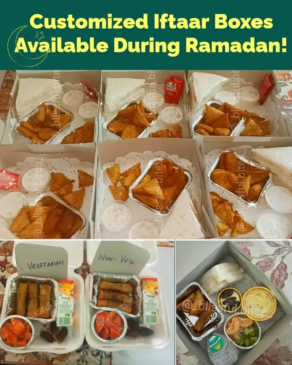 A look inside my customized Iftaar boxes, available during Ramadan. I prepare both vegetarian and non-vegetarian options, each packed with a delicious assortment of snacks, dates, a drink, and a sweet treat to make breaking your fast special.