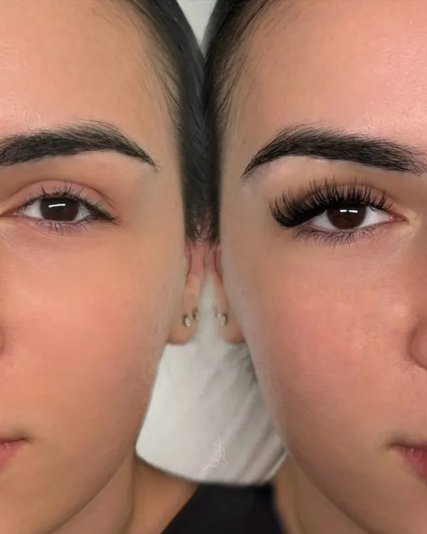 A picture is worth a thousand words, and this before-and-after says it all. On the left, her beautiful natural lashes, and on the right, a custom-styled volume set that opens up the eye, adding depth and definition without any mascara. This is the effortless confidence I want for all my clients.