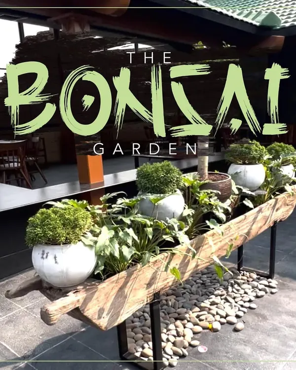 The Bonsai Garden at Haiku restaurant is a project close to my heart. I used a variety of bonsai trees and other plants arranged in unique planters, like this repurposed boat, to craft a serene and memorable dining atmosphere.