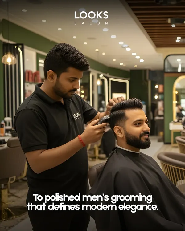 This is the essence of what I do: polished men's grooming that defines modern elegance. Here, my expert stylist is crafting a sharp, clean haircut with a perfect fade, ensuring every detail contributes to a look that's both contemporary and timeless.