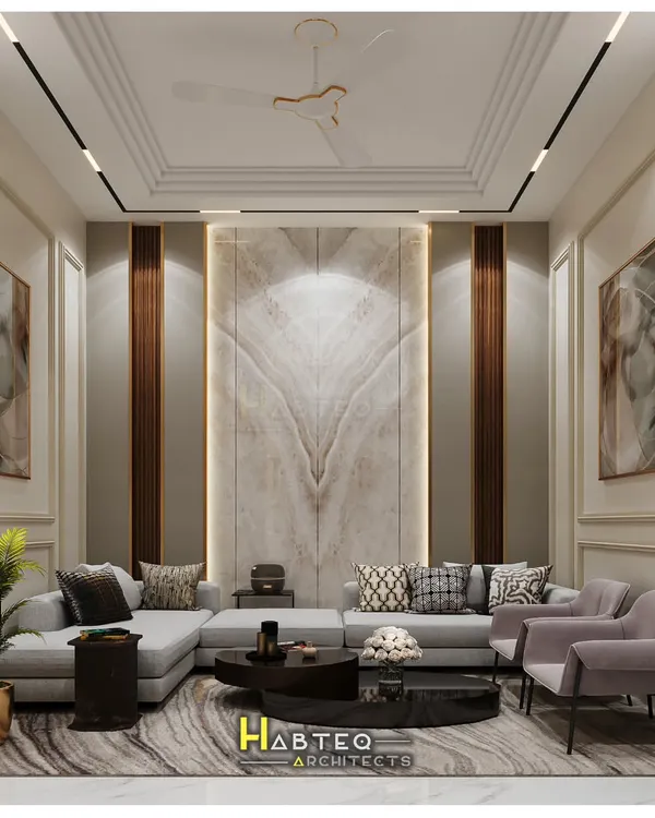 This 3D render showcases a luxurious living room design for a West Delhi apartment, emphasizing symmetry, a statement marble feature wall, and sophisticated lighting to create an elegant and grand space.