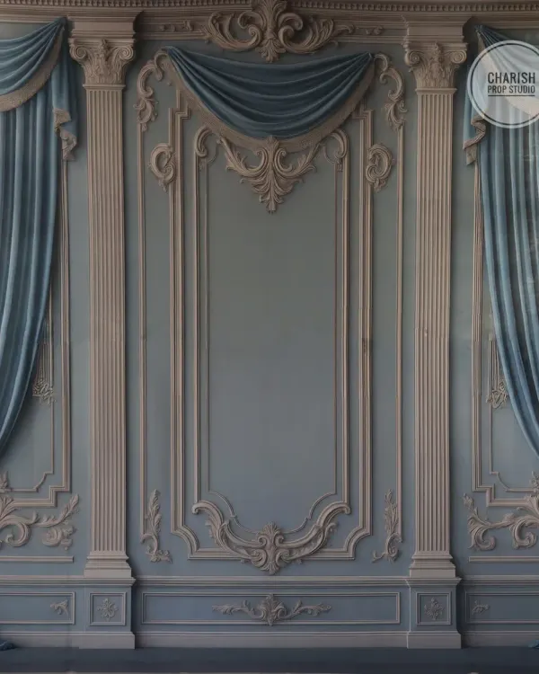This elegant, European-style wall with blue drapes is one of my most popular backdrops for classic family and maternity portraits.