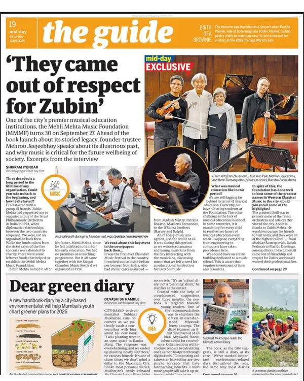 A Mid-Day newspaper feature celebrating our 30th anniversary. Our Founder-Trustee, Mehroo Jeejeebhoy, speaks about our foundation's illustrious past and enduring mission.