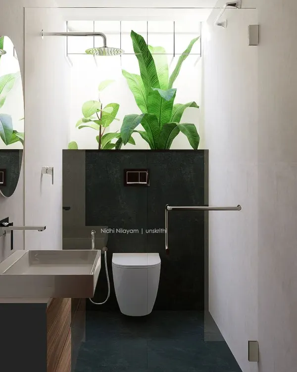 This bathroom connects you directly with nature. A large skylight floods the space with light, nourishing the indoor plants and creating a tranquil, open-air shower experience. It's a perfect example of minimal design for maximum calm.