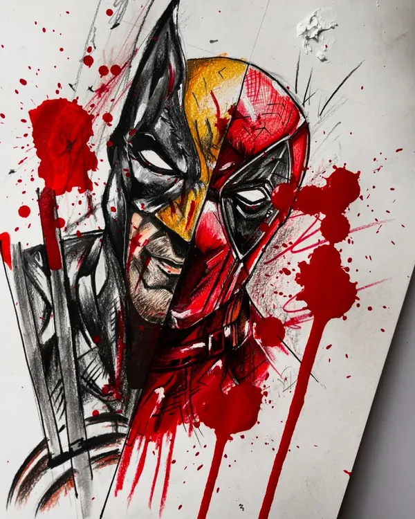 The final version of my Deadpool and Wolverine mashup. The blood splatter effect, created with red ink, adds a dynamic and chaotic energy that fits the characters perfectly.