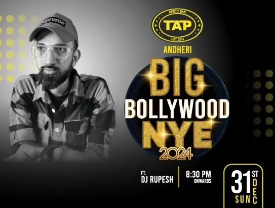 The official poster for the 'Big Bollywood NYE 2024' event at TAP Andheri. I was thrilled to be the featured DJ for such a major celebration.