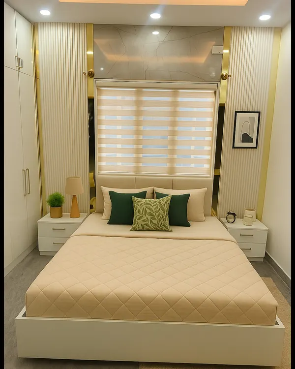This modern contemporary bedroom combines soft neutral tones with luxurious gold accents. We used grooved wall panels, layered cove and spot lighting, and a low platform bed to create a cozy yet elegant ambiance.