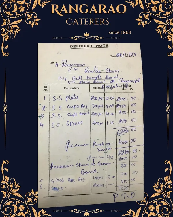 A delivery note from 1982, preserved as a part of our family's history. This is a testament to our multi-generational legacy in the catering business, rooted in Bangalore since 1963.