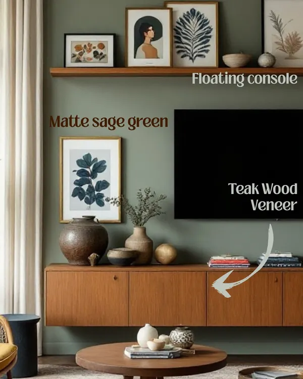The details make the design. Here, a matte sage green wall, teak wood veneer console, and curated art come together to create a living room that is subtle yet stunning.