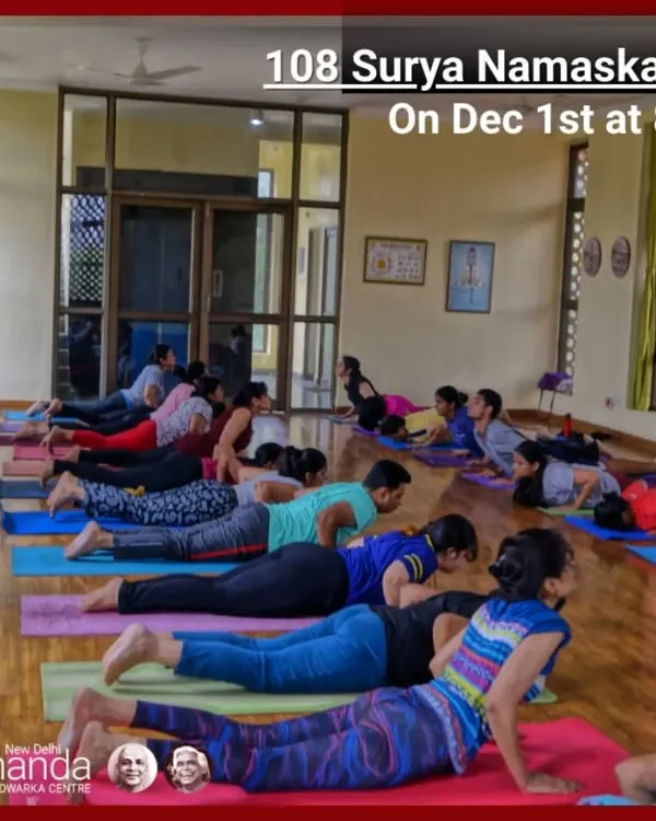 A full morning class engaged in 108 rounds of Surya Namaskar. This special event builds stamina, discipline, and a powerful sense of community through synchronized movement and breath.