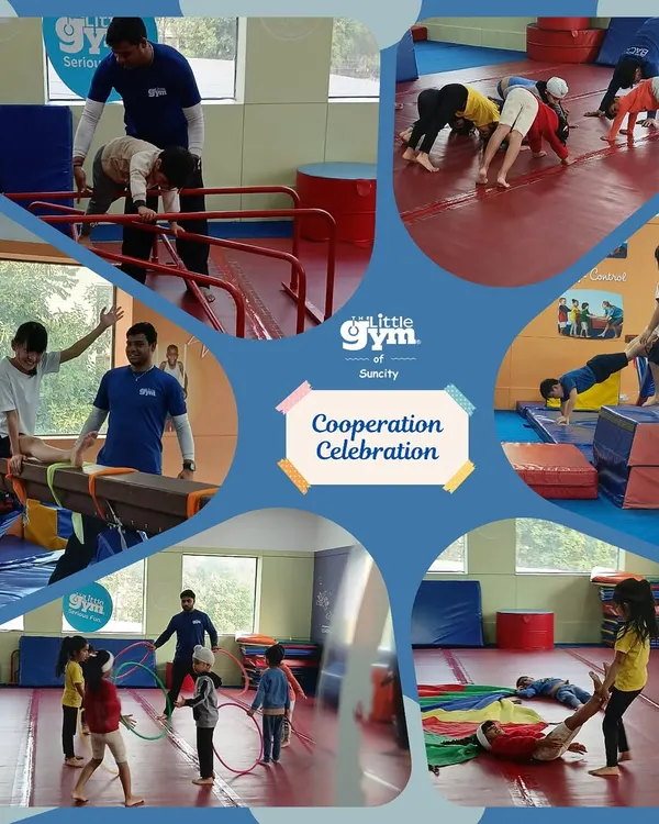 This collage captures the spirit of our "Cooperation Celebration" theme, showing kids working together on the balance beam, in partner exercises, and with the parachute.