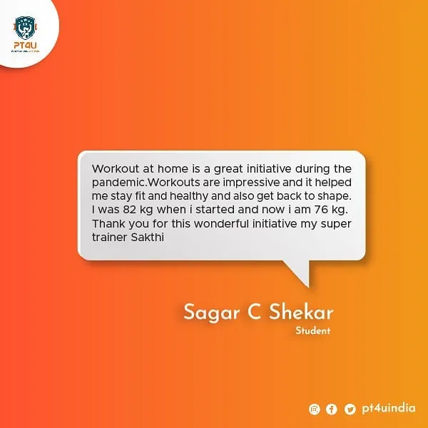 Sagar's journey from 82kg to 76kg during the pandemic is a testament to the effectiveness of our home workout programs. He stayed consistent and got back in shape, and I couldn't be prouder.