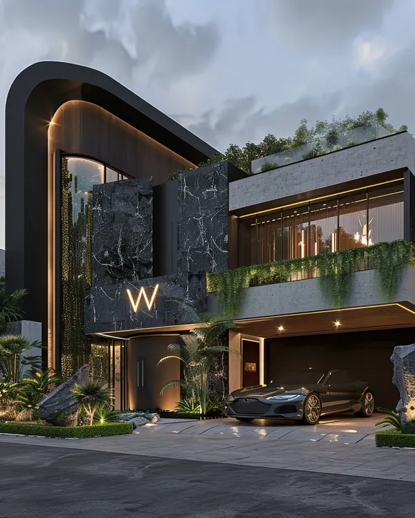 This facade is a statement in modern luxury, blending the raw texture of stone and the warmth of wood with audacious, clean lines. The strategic lighting highlights its bold silhouette, creating a captivating presence that redefines residential architecture.