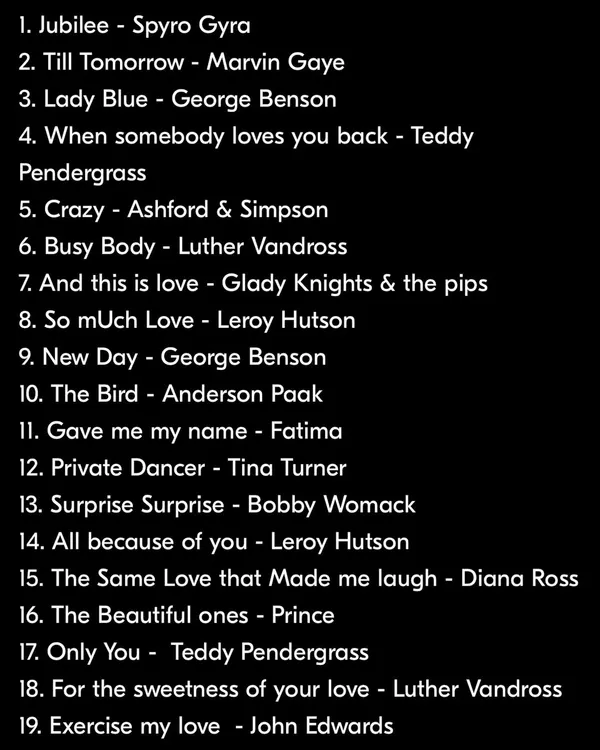 The tracklist for a Valentine's Day special vinyl mix. My selections are always thoughtful and curated, whether it's for a themed mix of soul and funk or a high-energy club set.