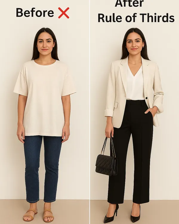 This is the magic of the 'Rule of Thirds'. A simple shift in proportions can take your look from casual and shapeless to structured and chic. In my workshops, I teach you these easy-to-learn formulas that make a huge difference in your daily styling.