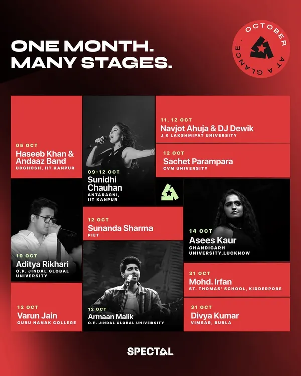 A look back at our packed schedule in October, featuring artists like Sunidhi Chauhan, Armaan Malik, and Asees Kaur across multiple university festivals.
