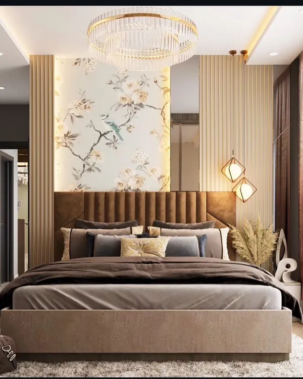 This master bedroom visualization showcases a blend of luxury and comfort, featuring a statement chandelier, a floral accent wall, and layered textures to create a serene and sophisticated personal retreat.