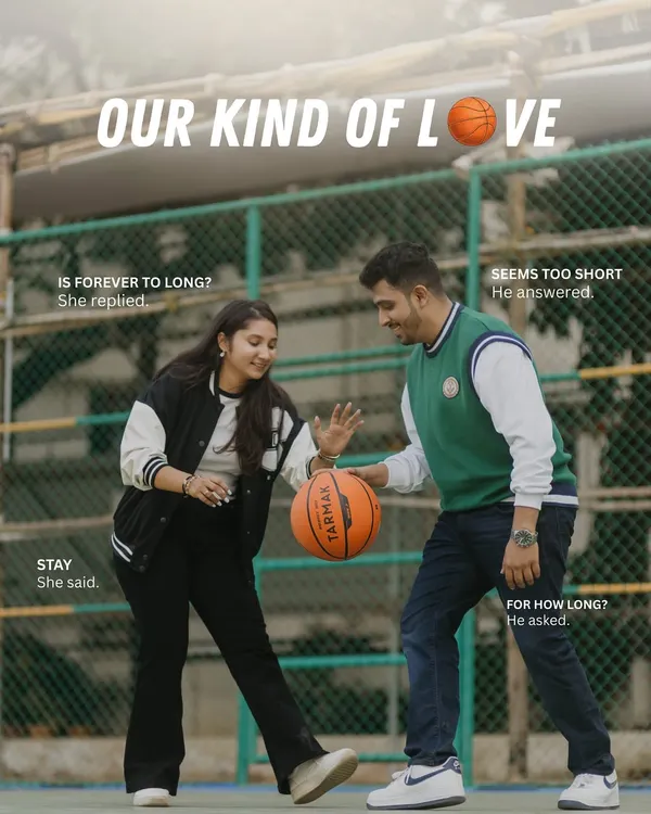 A fun, dynamic shot of a couple on a basketball court. This image captures their playful energy and tells a story of love as a fun game they're winning together.