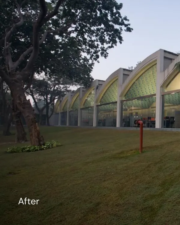 This is the result of reimagining an old industrial shed in Okhla. We preserved the original arched structure and replaced solid walls with expansive glass, creating a seamless connection to the lush green landscape and transforming it into a modern, light-filled workspace.