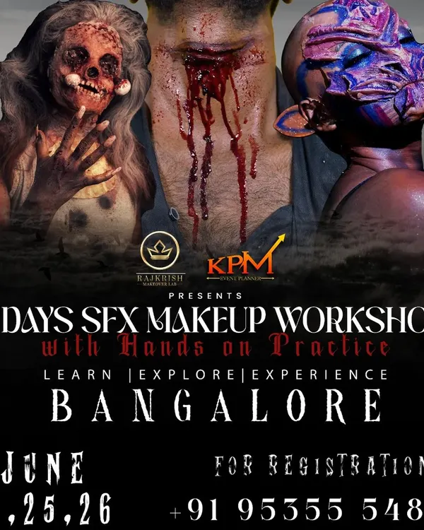 This is the official poster for my 3-day intensive SFX Makeup Workshop in Bangalore. It gives you a glimpse of the advanced horror, injury, and character makeup we cover.