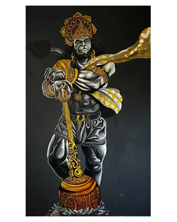 This 5x10ft mural of Lord Hanuman is one of my most cherished projects. I focused on capturing his immense power and serene devotion, using a dramatic black background to make the golden details of his crown and mace truly stand out. This piece was created to bring a powerful spiritual energy to a private space in Bengaluru.