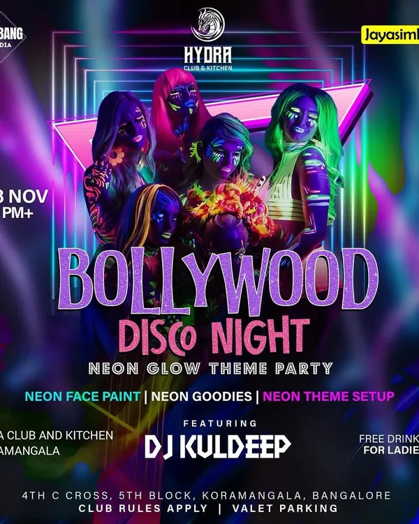 This is the official poster for our 'Bollywood Disco Night', a neon glow theme party. It shows the kind of vibrant, high-energy, and visually creative event I can put together for your venue.