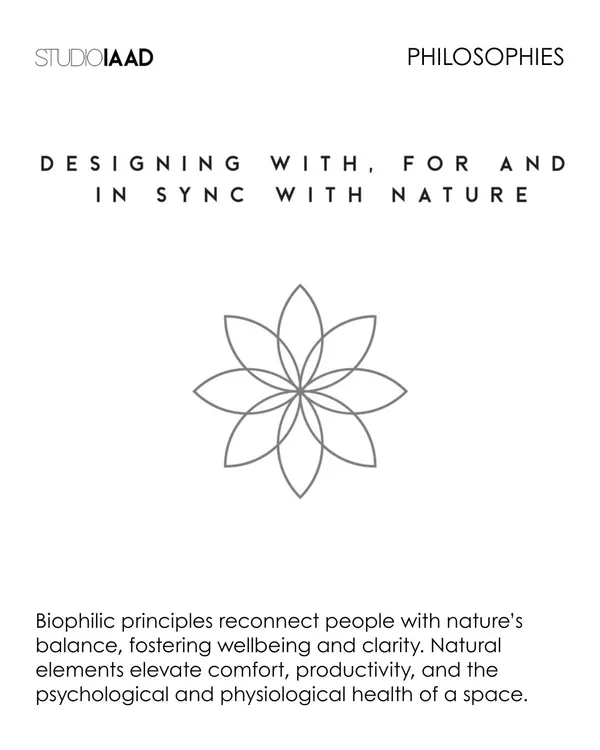 A graphic illustrating our philosophy of 'Designing with, for and in sync with Nature.' Biophilic principles are central to my work, reconnecting people with nature to foster well-being, comfort, and clarity.