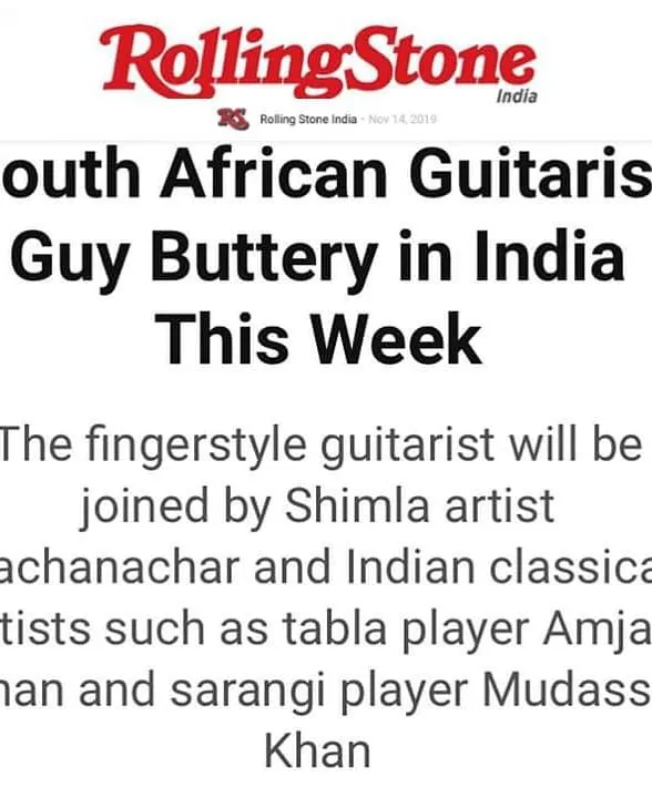 A screenshot from a Rolling Stone India article announcing the India tour of South African guitarist Guy Buttery. The feature mentions my collaboration with him as the accompanying tabla artist.