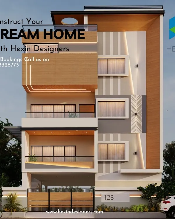 This 3D elevation render of a multi-level modern residence is how we help you visualize the final look before construction begins. We focus on clean lines, mixed-material cladding with wood and stone textures, and integrated balcony spaces to create a balanced and impressive facade.