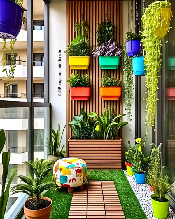 A vibrant and cheerful balcony garden. We used a wooden slat wall to mount colorful planters, creating a vertical garden that adds life and privacy. The artificial grass and playful pouf complete this fun, relaxing space.