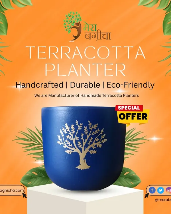 This royal blue terracotta planter features a beautifully detailed golden tree motif. It's a 4-inch pot that serves as a striking piece of decor, ideal for corporate gifting or adding a splash of color to your home.