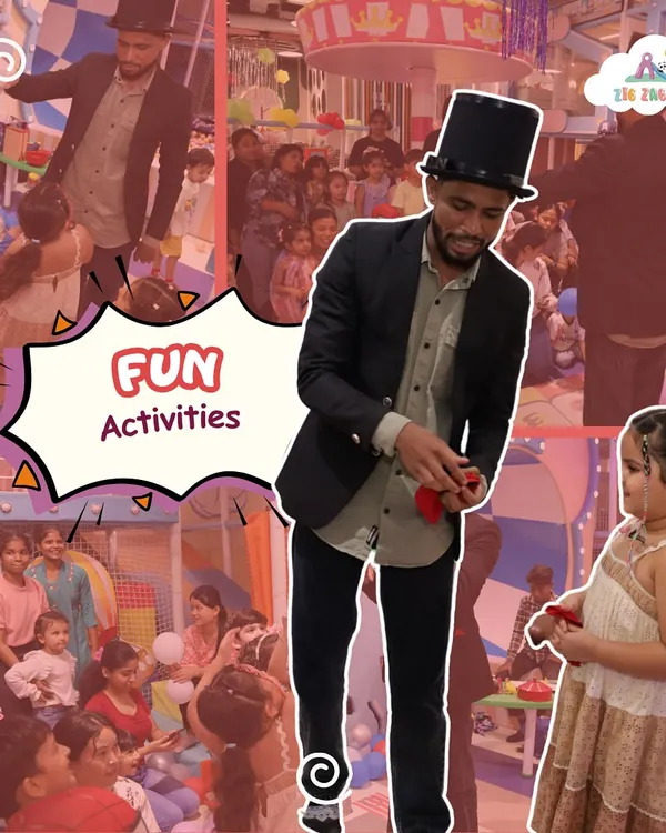 Abracadabra! A magician captivates a young audience with a fun trick during a birthday party. Our interactive magic shows are always a huge hit with the kids.