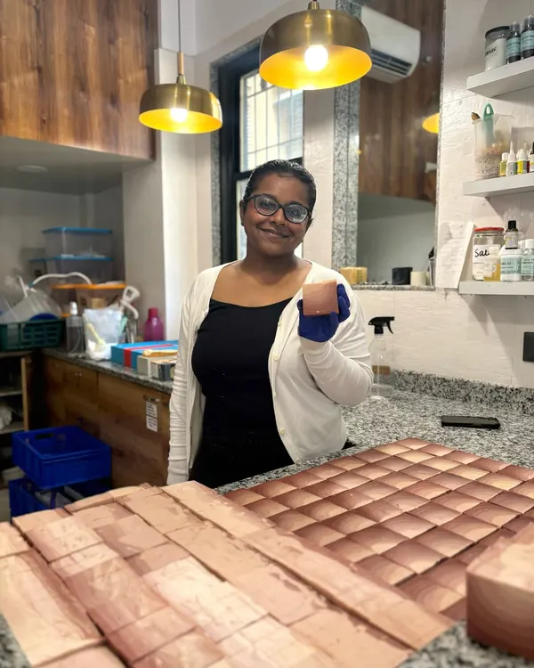 Here I am in our studio with a fresh batch of soap. It's always a proud moment to see a counter full of our handmade creations, ready to be cured and sent to their new homes.